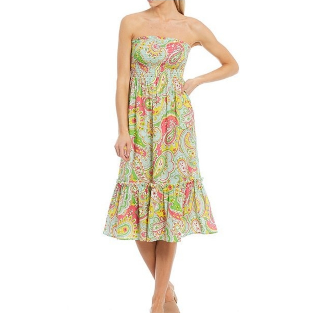 Julie Brown Hampton Paisley Print Ruffle Hem Strapless Smocked Midi Dress